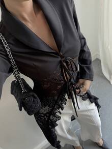 Livesso Black Lace Patchwork Mid-Length Shirt, Hollow Out Blouse, Elegant For Valentine's Day, Wedding, Party, Formal Occasion, Fashion, Commute, Tie-Up Women Blazer Jacket - Black - View 2