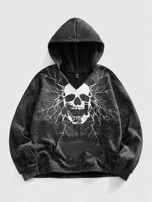 ROMWE MEN Goth Men's Dark Skull Print Casual Pullover Hoodie Sweatshirt - Black and White - View 1