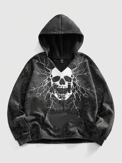 Goth Felpa con cappuccio casual da uomo con stampa teschio scuro