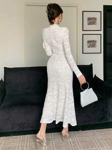 DAZY Women's Floral Lace Collar Long Sleeve Fitted Dress With Mermaid Hem, Elegant - White - View 3