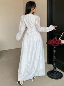 DAZY Đầm midi trắng dáng suông, cổ chữ V, chất liệu ren jacquard, thanh lịch, eo thon, thích hợp cho kỳ nghỉ hè, dự tiệc cưới, tiệc mùa hè dành cho nữ. - Màu be - Xem 5