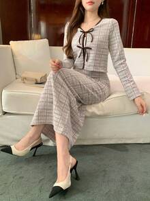 DAZY 春夏格子系带上衣和半裙套装，优雅百搭，适合情人节、婚礼、派对、时尚活动和通勤穿着。 - 藕粉色 - 查看 7