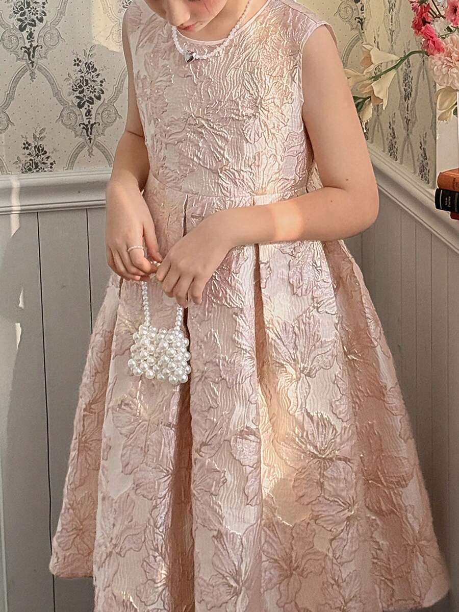 DAZY Tween Girl Floral Jacquard Round Neck Pleated Design Fashionable Elegant Sleeveless Party Dress