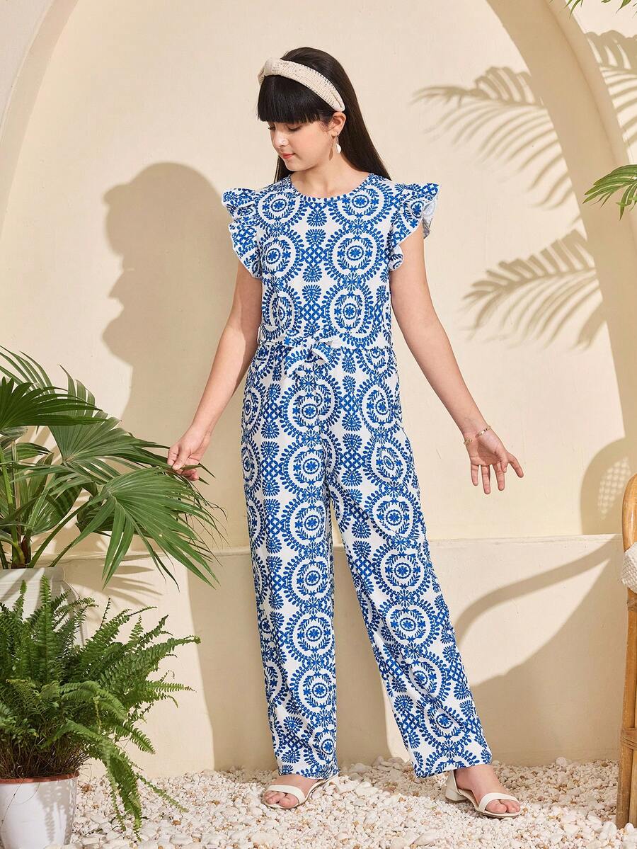 女童休闲时尚配色连体裤，轻便百搭，适合户外活动、旅行、校园生活、日常穿着，春夏皆宜。 - 藍色 - 查看 1