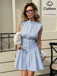 Siren Gaze Women's Summer Casual Striped Front Button Waist Ruched Mini Dress - Blue and White - View 5