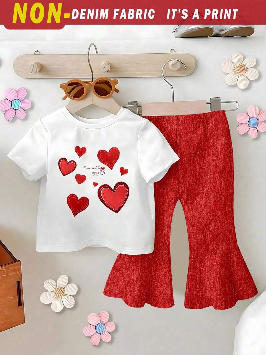 Baby Girls' Red Denim-Look T-Shirt Set With Heart Print Flare Pants, Cute & Lively Letter Graphic, Versatile All-Match 2-Piece Outfit, Suitable For Outings, Spring/Winter - Multicolor - View 1