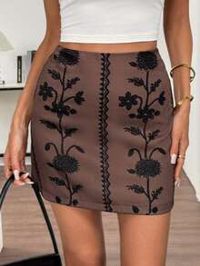 Elyressa Women's Floral Print Bodycon Elegant Skirt - Brown - View 3