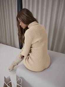 MUSERA High Neck Long Sleeve Fitted Rib Knit Mini Dress Classy Sexy Streetwear Night Out Spring - Cream - View 2