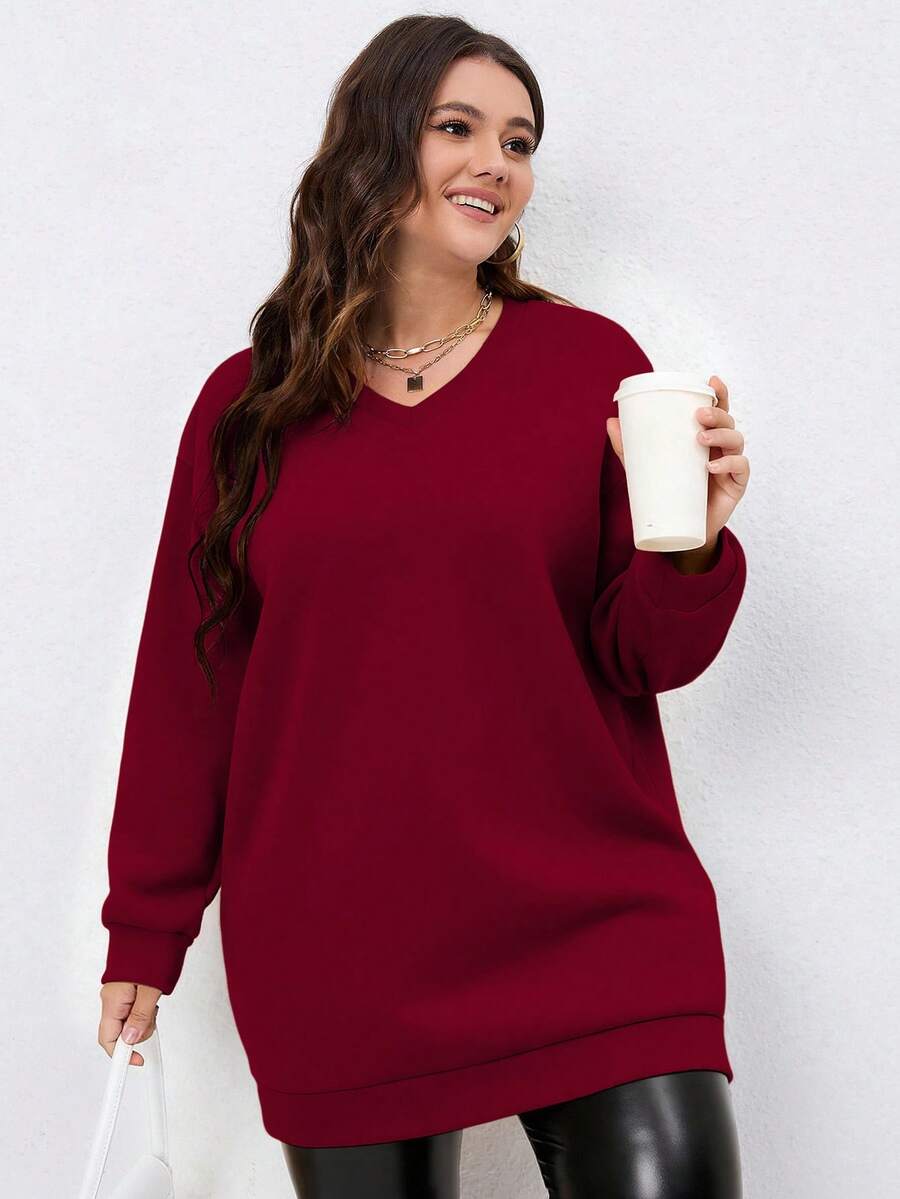 SHEIN Tall CURVE 大码女式休闲V领长袖卫衣，高个款 - 紅色 - 查看 1