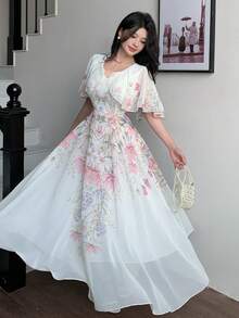 Modelyn V-Neck Poncho Design Waist Cinched Flared Chiffon Printed Dress For Women - Multicolor - View 1