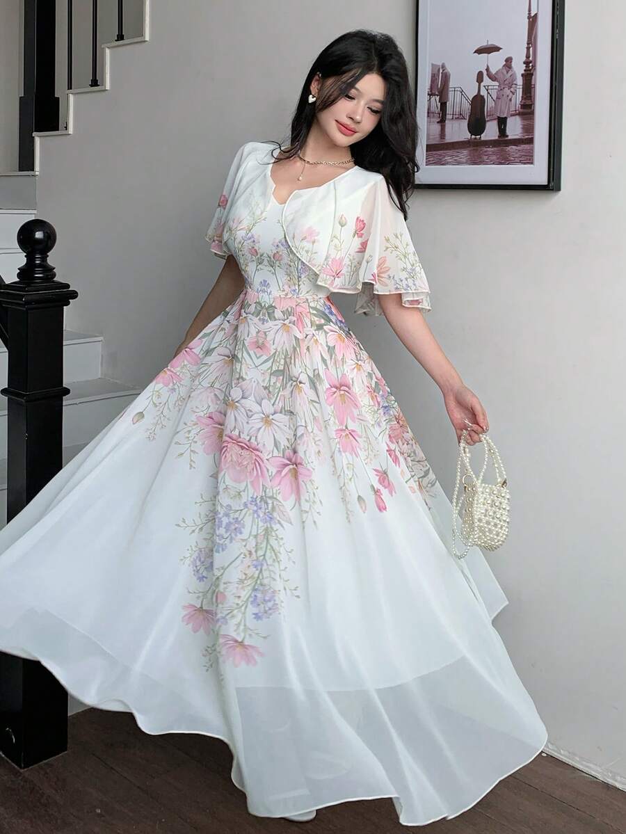 Modelyn V-Neck Poncho Design Waist Cinched Flared Chiffon Printed Dress For Women - Multicolor - View 1