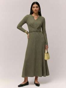 Modelyn Vestido Longo Casual Feminino de Cor Sólida com Cintura Franzida - Verde Militar - Visão 7