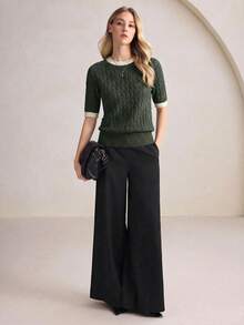 BizChic Women's Round Neck Contrast Trim Cable Knit Sweater, Versatile For Urban Commute, Business Casual, Party, Dating, Summer