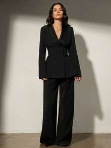 Aveloria Modichic Satin Patchwork Lace-Up Women's Blazer, Elegant Casual Jacket - Black - View 6