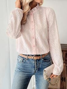 SHEIN LUNE Women's Hollow Embroidery Puff Sleeve Single-Breasted Casual Shirt - Pink - View 4