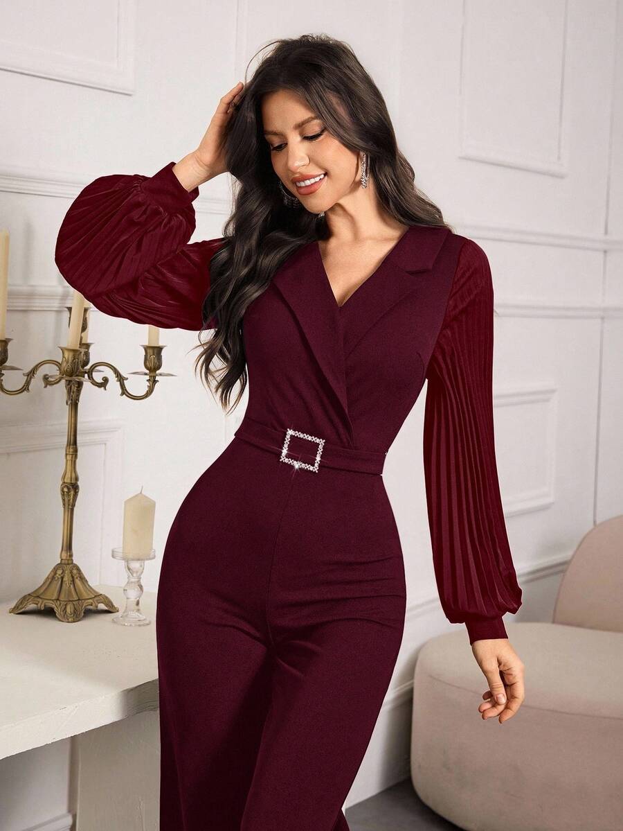 Modelyn Women's Solid Color V-Neck Rhinestone Decor Pleated Jumpsuit With Lantern Sleeves, Fashionable For Dates And Outings - Burgundy - View 1