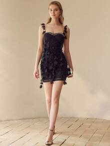 MOTF PREMIUM WOMEN'S HANDMADE 3D FLORAL CAMISOLE BODYCON MINI DRESS - Black - View 5