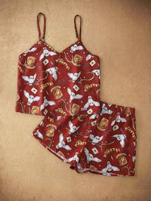 HARRY POTTER X SHEIN 女士夏季印花吊带背心和短裤睡衣套装 - 紅色 - 查看 1