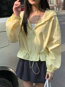 FRIFUL 女士亮色拉链前开襟落肩长袖休闲连帽外套 - 黃色 - 查看 5