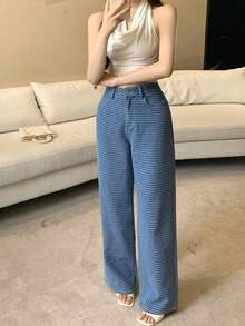 DAZY Data Print & Plaid Retro Straight Leg Loose Fit Casual Jeans For Women, Autumn/Spring Y2k - Medium Wash - View 7