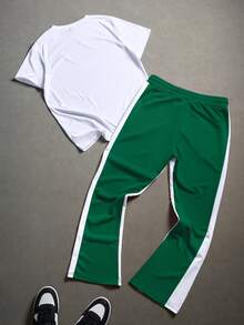 PAVTROS 男士字母十字印花短袖T恤和抽绳腰带卡拉OK套装；男士T恤和运动裤套装；两件套男士绿白运动服套装；印花T恤和慢跑裤；男士休闲套装 - 彩色 - 查看 2