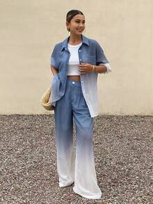 Livesso 春夏扎染宽松休闲街头风度假沙滩雪纺开衫衬衫和直筒裤两件套女装 - 藍色 - 查看 2