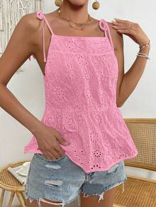 SHEIN VCAY 女士夏季度假沙滩镂空刺绣荷叶边吊带背心夏季上衣 女士粉色夏季镂空上衣 - 粉色 - 查看 3