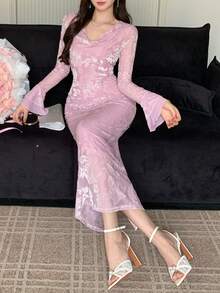 DAZY Đầm maxi dài tay thanh lịch cổ xếp ly in hoa dành cho nữ. - Màu tím - Xem 7