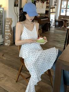 DAZY Đầm hai dây chấm bi mini kiểu Hàn Quốc viền bèo nhún dành cho nữ, thích hợp cho mùa xuân, hè và thu. - trắng - Xem 8