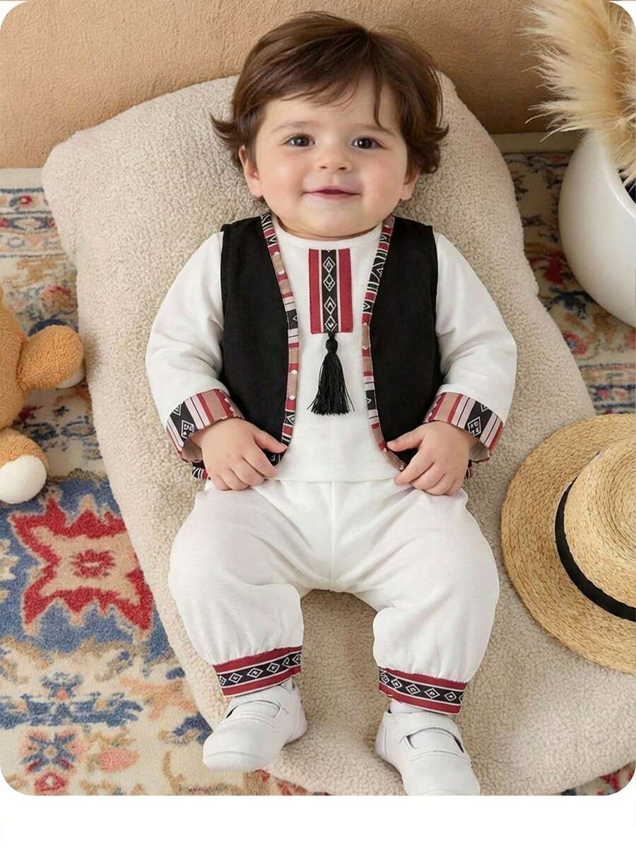 Newborn Baby Girl Cute Color Block Geometric Pattern Long Sleeve Shirt & Elastic Waist Pants Set - Black and White - View 1