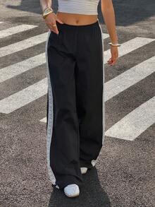 Muchica Women's Black Side-Striped Lace-Up Fitted Loose-Fit Sweatpants; Women's Black Pants; Loose-Fit Pants; Women's Trousers; Black Pants; Women's Sweatpants; Women's Wide-Leg Pants; Women's Black Sweatpants - Black and White - View 3