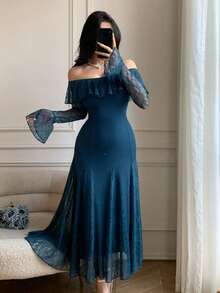 DAZY Women's Elegant Lace Patchwork Off-Shoulder Midi Dress, Spring/Summer Wedding Guest Dress Sundress - Blue - View 5
