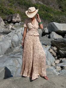 DAZY Women's Elegant Floral Print Suit Jacket And Pleated Long Pants Set, Spring/Summer,Wedding Guest Dress Women - Apricot - View 5