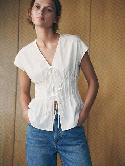 Maija Spring/Summer New White Front Tie Waist Pleated Shoulder Shirt, Elegant For Carnival, Party, Valentine's Day, School, Music Festival, Formal, Casual, Office Wear