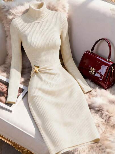 Franclia 优雅高领长袖针织连衣裙，秋冬款