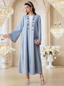 Al Najma 女士优雅亮片刺绣前开襟阿拉伯长袍，秋季 - 藍色 - 查看 4