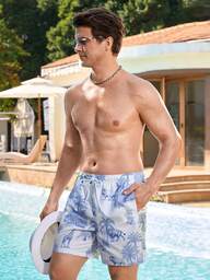 Manfinity Swimmode Men's Summer Vacation Style Animal Tropical Print Drawstring Waist Beach Shorts Mens Beachwear Men Swim Trunk Blue And White Swim Trunks Men Palm Tree Swim Shorts Men Swim Suit Vacation