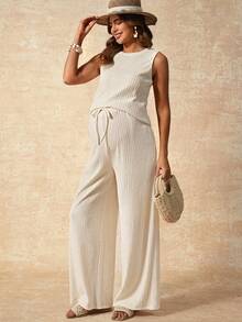 Boho Mama 两件套孕妇夏季休闲度假纯色背心和裤子套装 - 杏色 - 查看 6