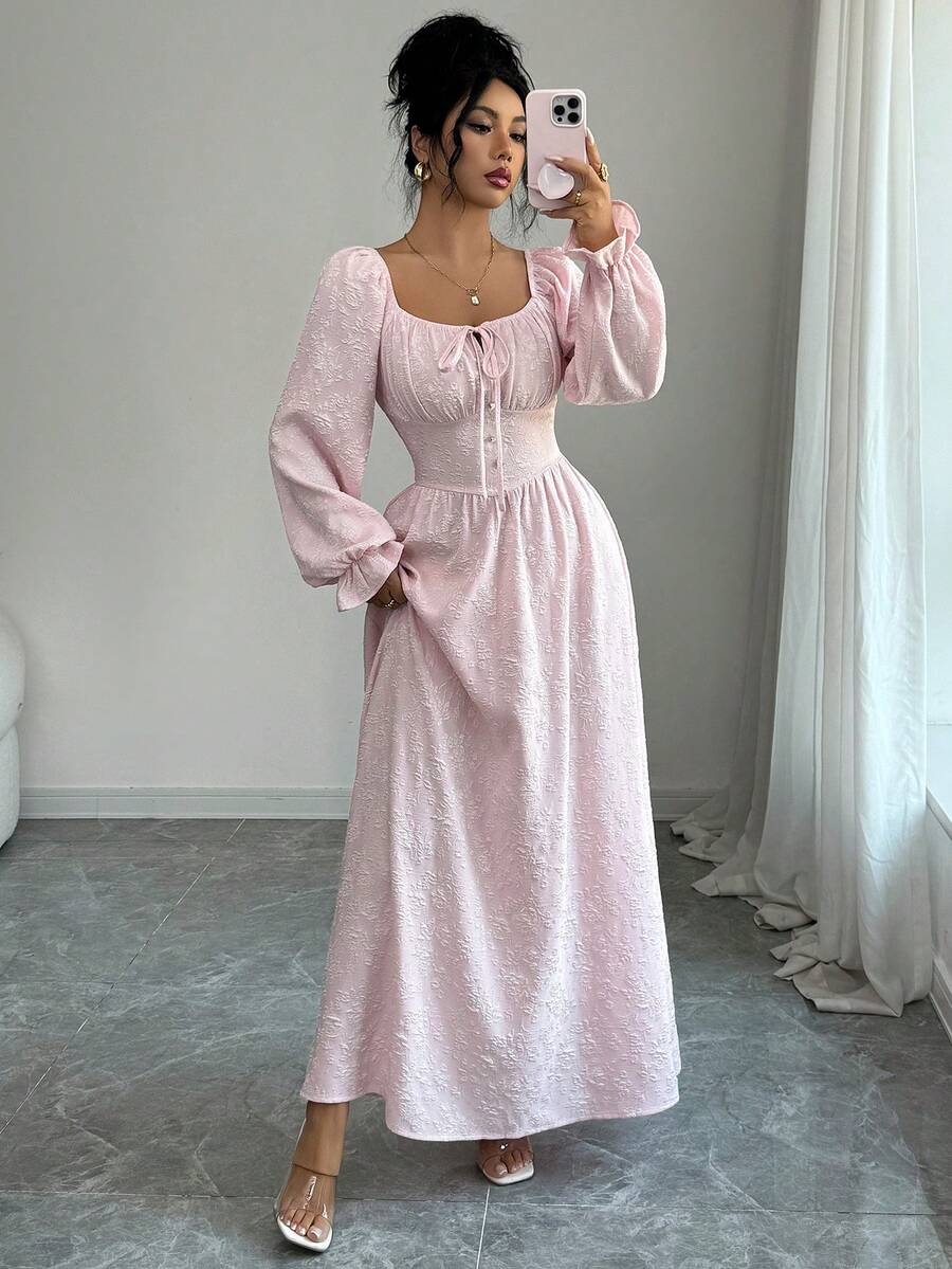 Elenzga 女士优雅时尚通勤休闲舒适迷人复古简约浪漫假日长袖方领收腰露背A字荷叶边下摆纯色纹理提花连衣裙 - 粉色 - 查看 1