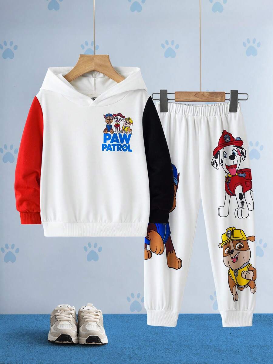 SHEIN | PAW Patrol 男童卡通狗字母印花撞色长袖连帽衫和运动裤套装,运动休闲户外风,春秋季 - 白色 - 查看 1