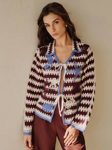 Anewsta Marine Life Striped Pattern Contrast Binding Tie Front Cardigan - Multicolor - View 7