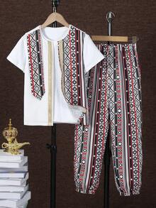 SHEIN 3pcs/Set Tween Boy Casual Vintage Geometric Print Vest, Short Sleeve T-Shirt And Pants Set, Spring/Summer - White - View 4