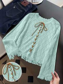 Franclia Suéter estilo blogger con bloqueo de color, cordones, calado y flecos florales, estilo europeo y americano - Azul menta - Ver 4