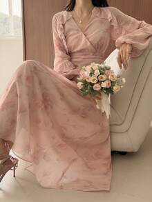 DAZY 春夏印花连衣裙，优雅修身中长连衣裙，适合情人节、婚礼、派对、正式场合、通勤等场合，深色花卉图案，长袖吊带裙 - 粉色 - 查看 5