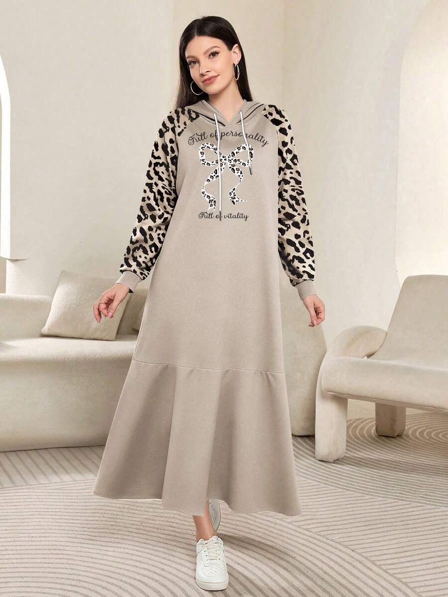 Modelyn Leopard Bow Letter Print Fashionable Hooded Leopard Raglan Long Sleeve Women's Maxi Dress, Spring/Autumn - Multicolor - View 1