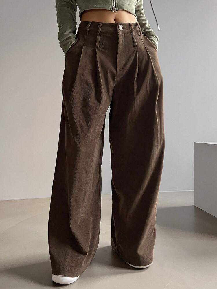 Women's Solid Color Pleated Waist Belt Loop Corduroy Casual Pants