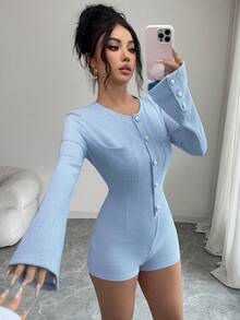 Selianne Women's Solid Color Round Neck Flare Sleeve Fitted Elegant Front Button Jumpsuit - Blue - View 1