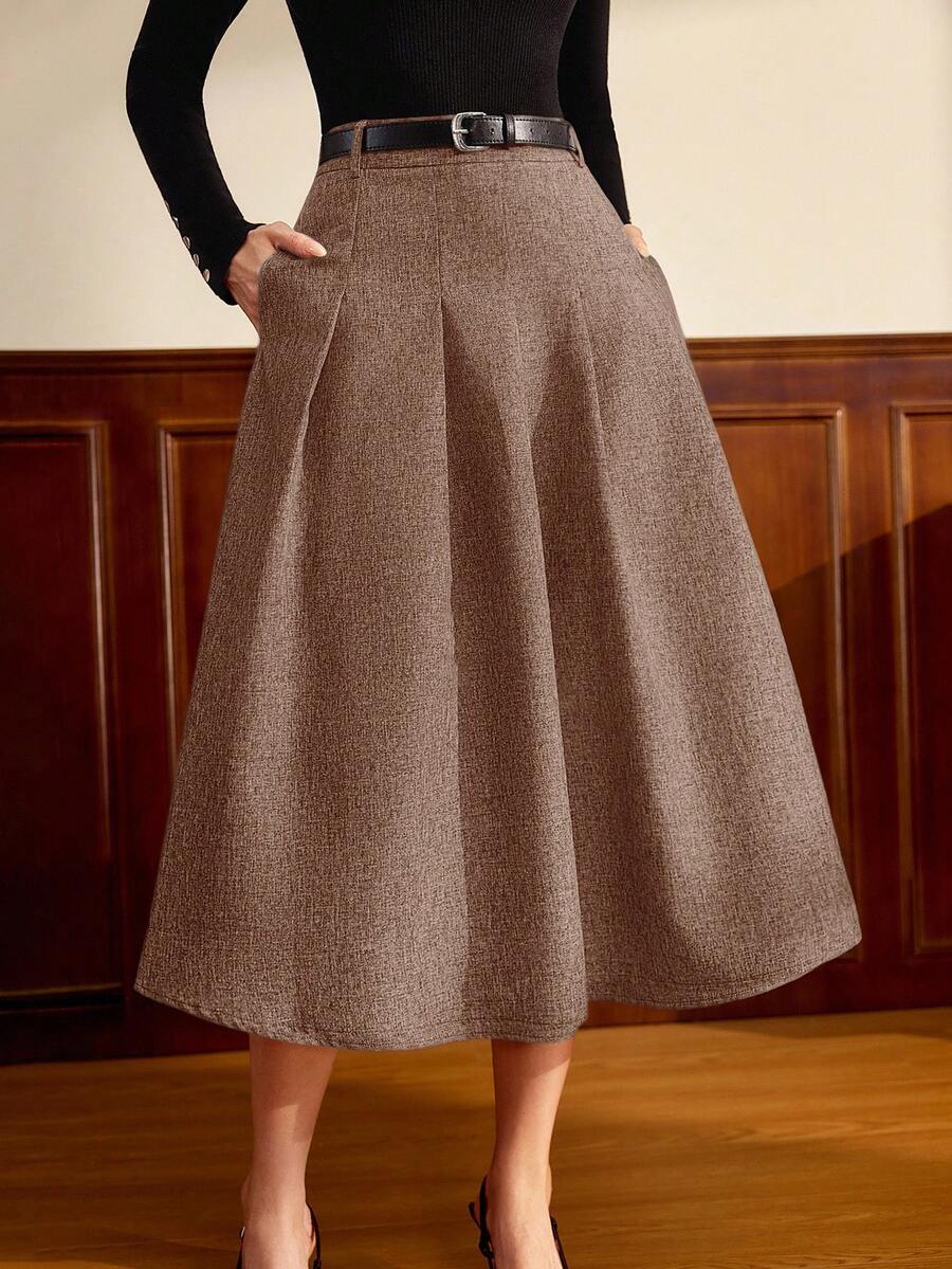 Vintamour 复古经典优雅女士系带半身裙，修身腰部，带口袋，灰色百褶A字裙 - 棕色 - 查看 1