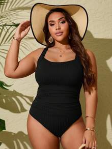 Swim Lushoire Plus Size One-Piece Black Ruched Crew Neck Swimsuit, Wide Ribbed Fabric, Mature Style Suitable For Summer Vacation And Beach - Black - View 4