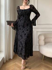 DAZY Vestido midi elegante con estampado floral negro y parches de malla, adecuado para el Día de San Valentín, bodas, fiestas y ocasiones formales, vestido ajustado para invitados de boda - Negro - Ver 2